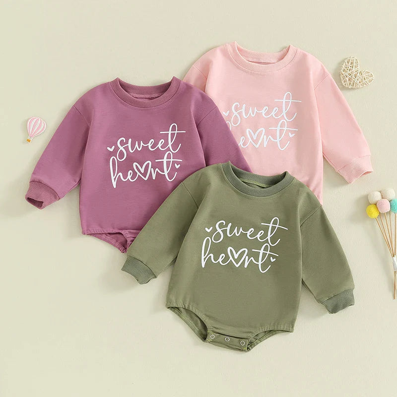 Baby Girls Boys Valentine&amp;#39;s Day Long Sleeve Sweet Heart Letters Bubble Romper