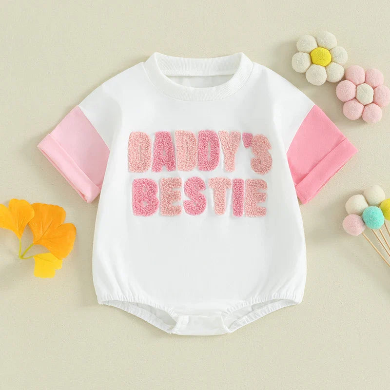 Baby Girl Daddy&amp;#39;s Bestie Embroidery Letters Romper Short Sleeve Bodysuit Father Gift Clothes