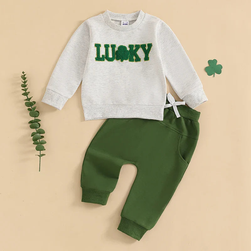 Baby Toddler Girl Boy 2Pcs Lucky St. Patrick&amp;#39;s Day Spring Outfit Letter Shamrock Four Leaf Clover Embroidery Long Sleeve Crewneck Top with Elastic Waist Solid Pants Jogger Set