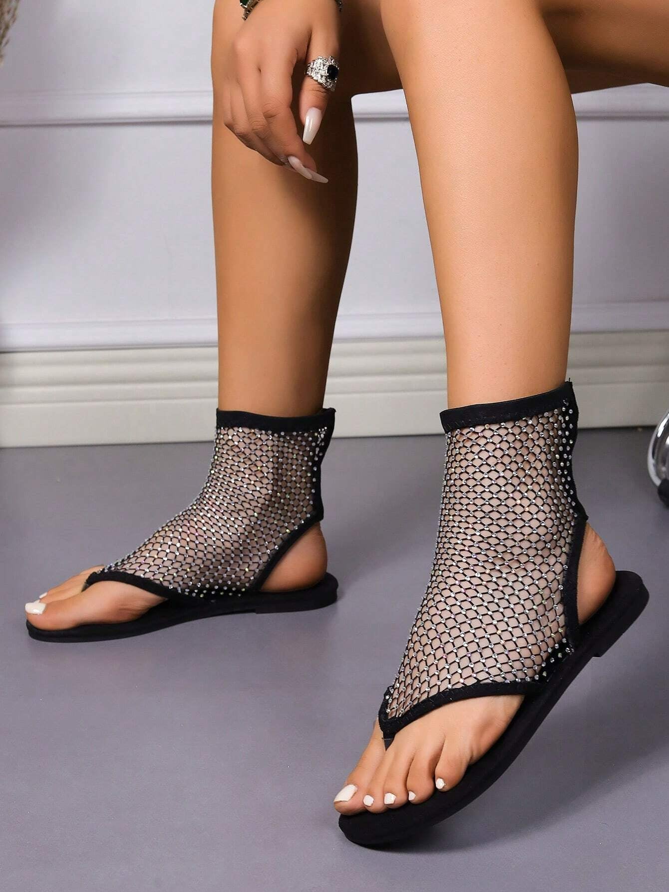 Sexy Mesh Diamond Lace Flat Sandals | ZAKAPOP