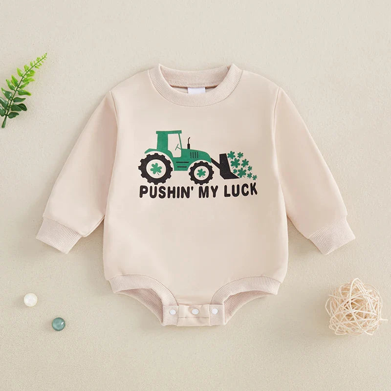 Baby Boys Pushin&amp;#39; My Luck Romper Letter Shamrock Tractor Print Long Sleeve Crew Neck Bubble Jumpsuit
