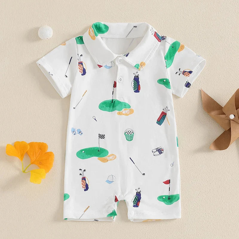 Baby Boy Girl Golf Romper Half Button-up Lapel Neck Short Sleeve Jumpsuit Summer Clothes