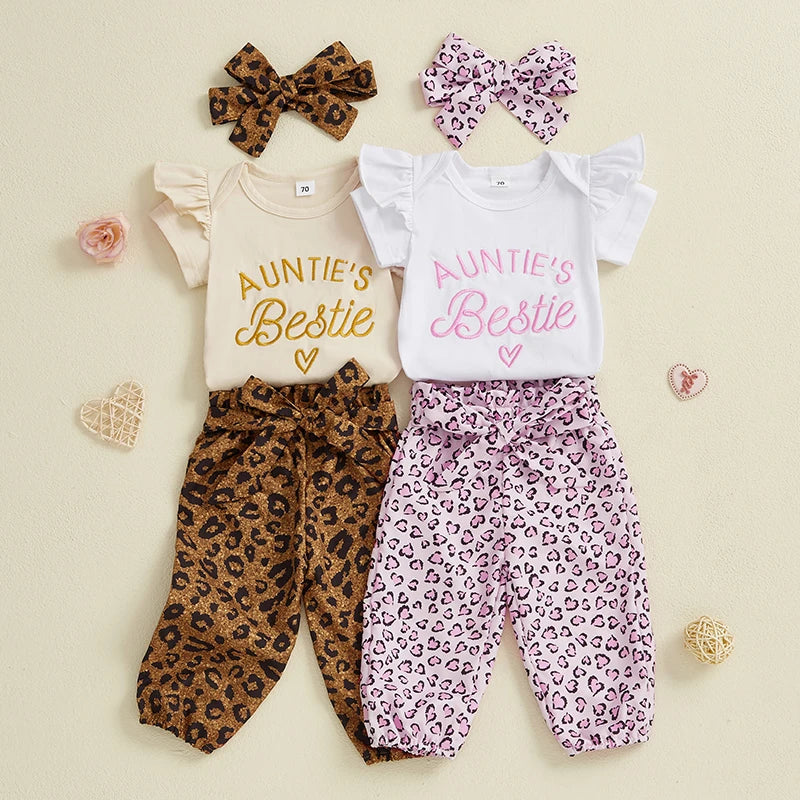 Baby Girls 3Pcs Auntie&amp;#39;s Bestie Outfit Short Sleeve Letter Print Romper with Leopard Pattern Print Belted Pants and Headband Set