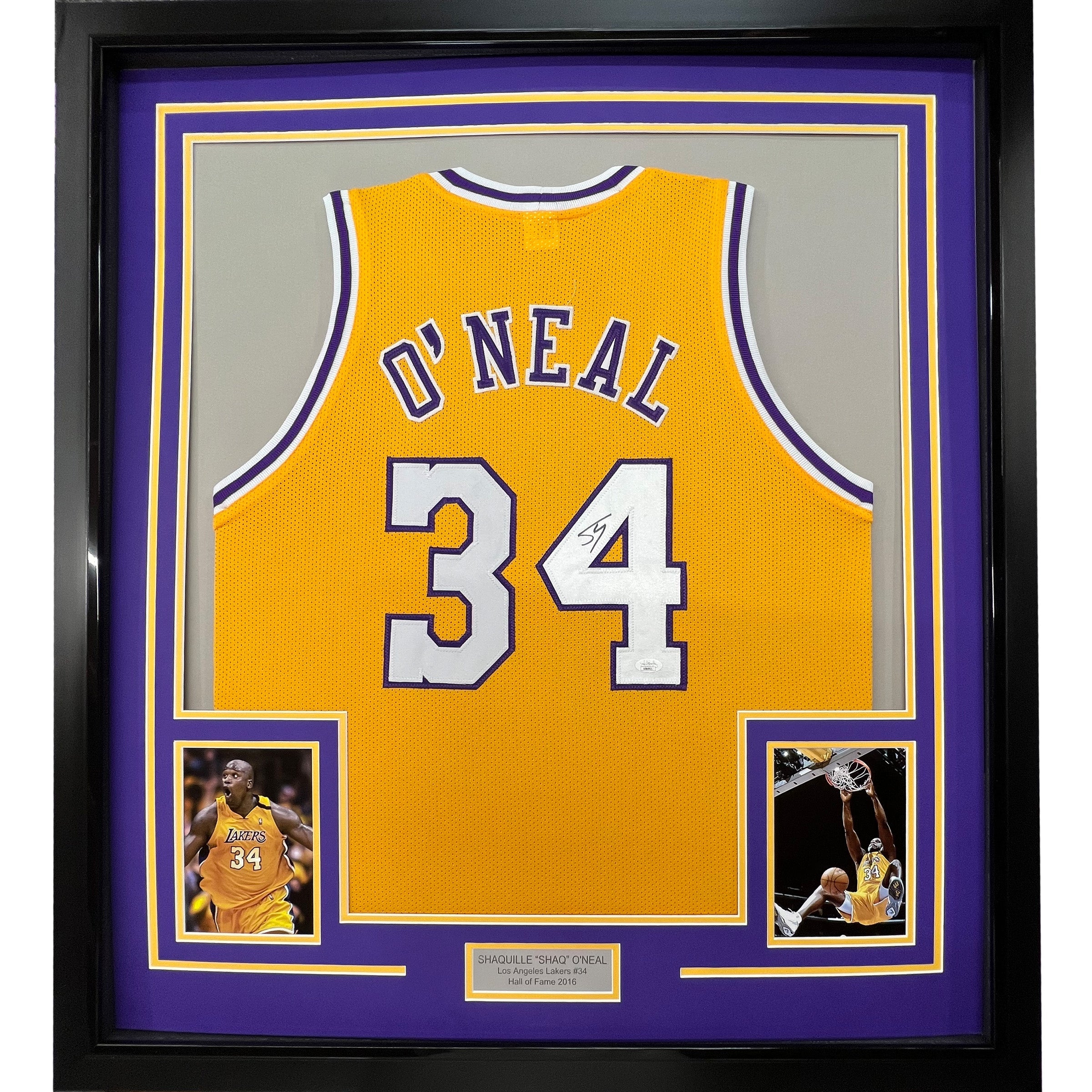 Framed Autographed/Signed Shaquille Shaq O&amp;#39;Neal 35x39 Los Angeles LA Yellow Basketball Jersey Beckett BAS COA