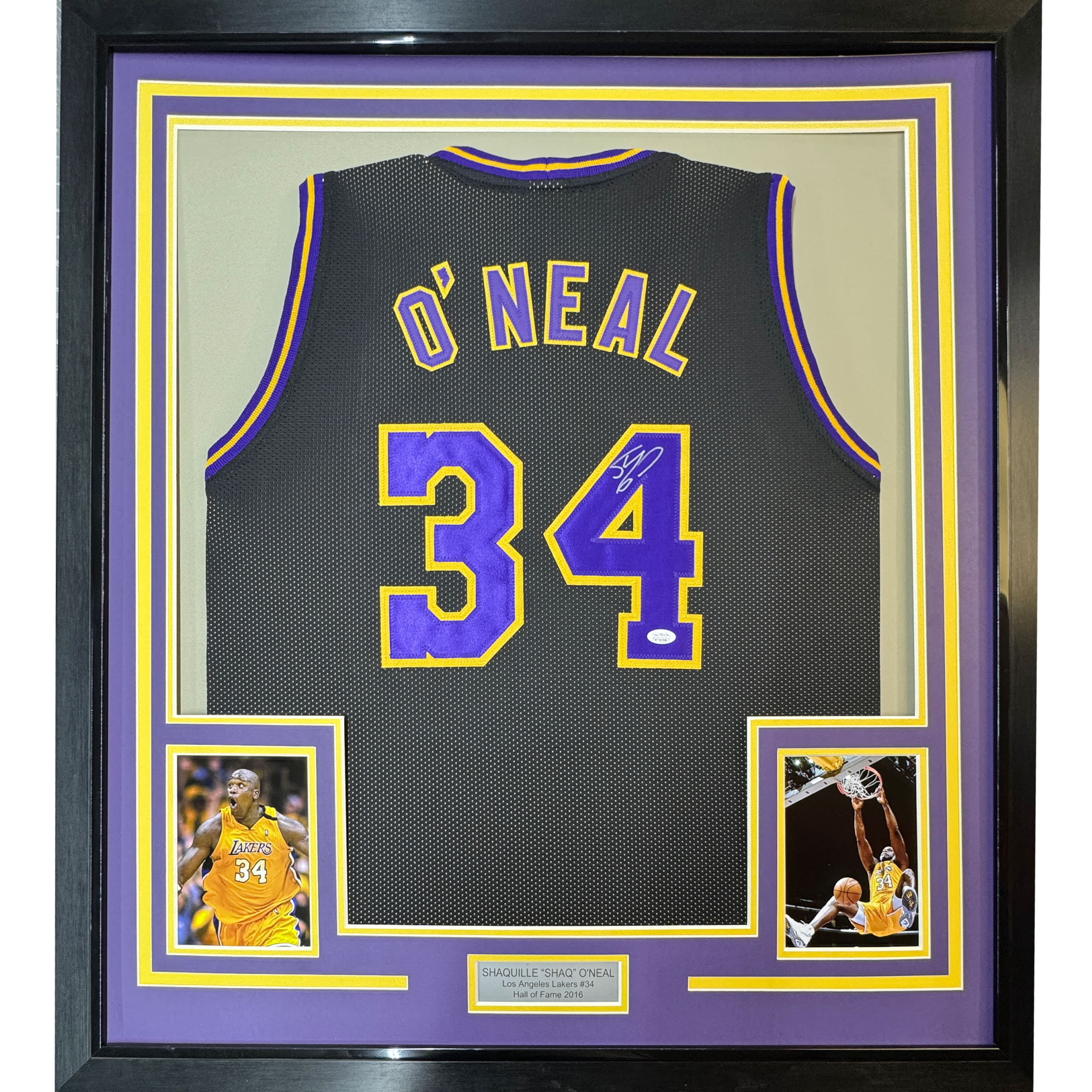 Framed Autographed/Signed Shaquille Shaq O&amp;#39;Neal 35x39 Los Angeles LA Black Basketball Jersey JSA COA