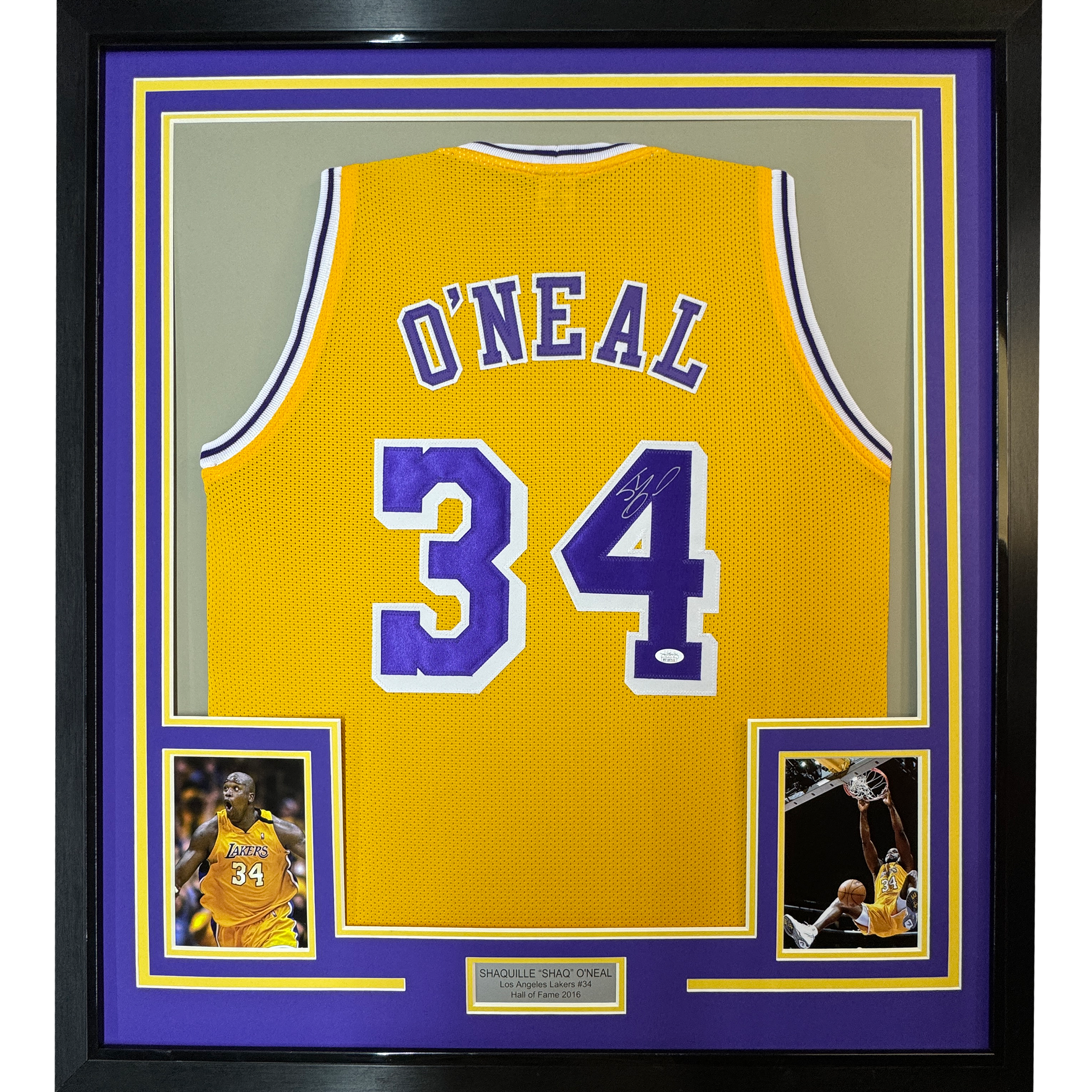 Framed Autographed/Signed Shaquille Shaq O&amp;#39;Neal 35x39 Los Angeles LA Yellow Basketball Jersey Beckett BAS COA