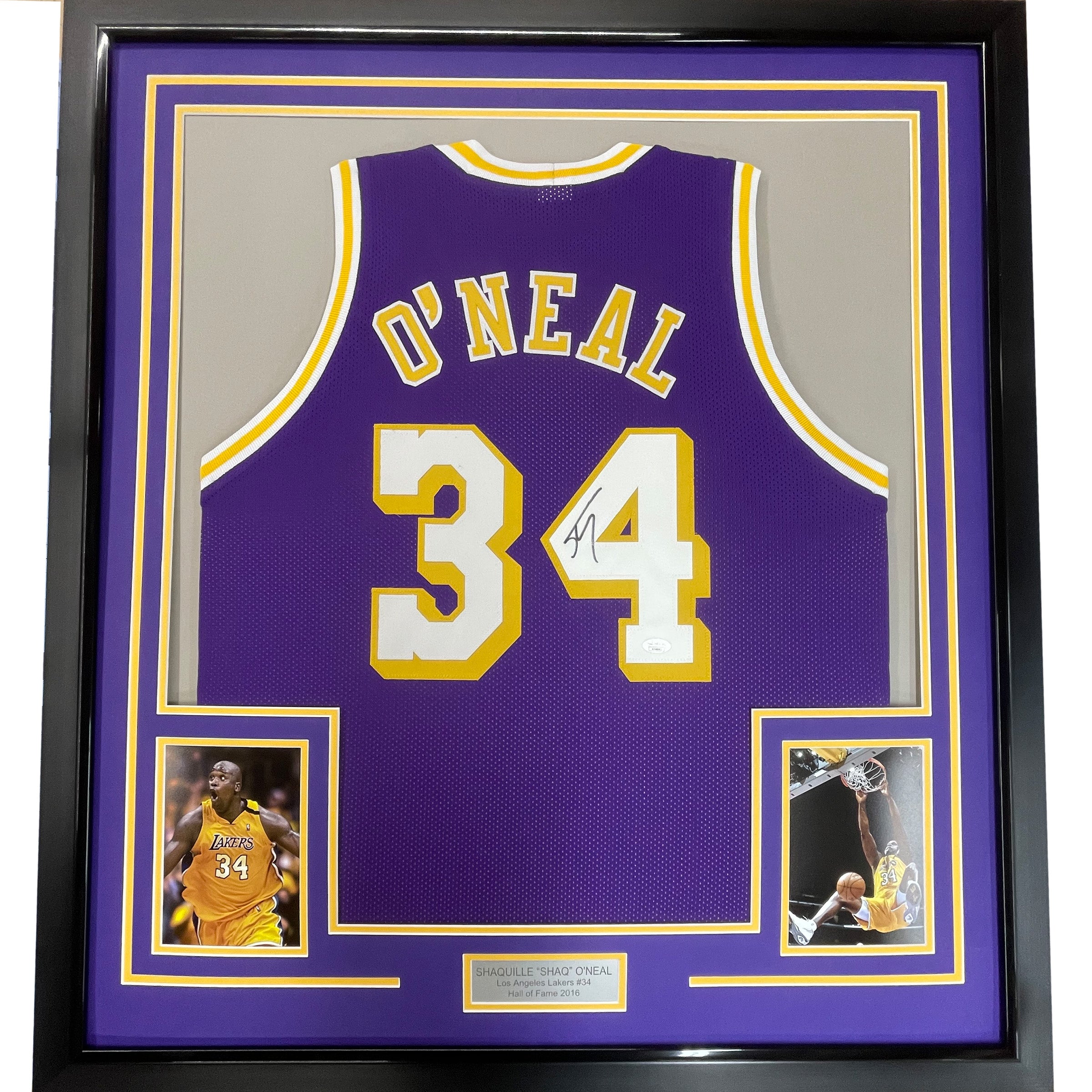 Framed Autographed/Signed Shaquille Shaq O&amp;#39;Neal 35x39 Los Angeles LA Purple Basketball Jersey Beckett BAS COA