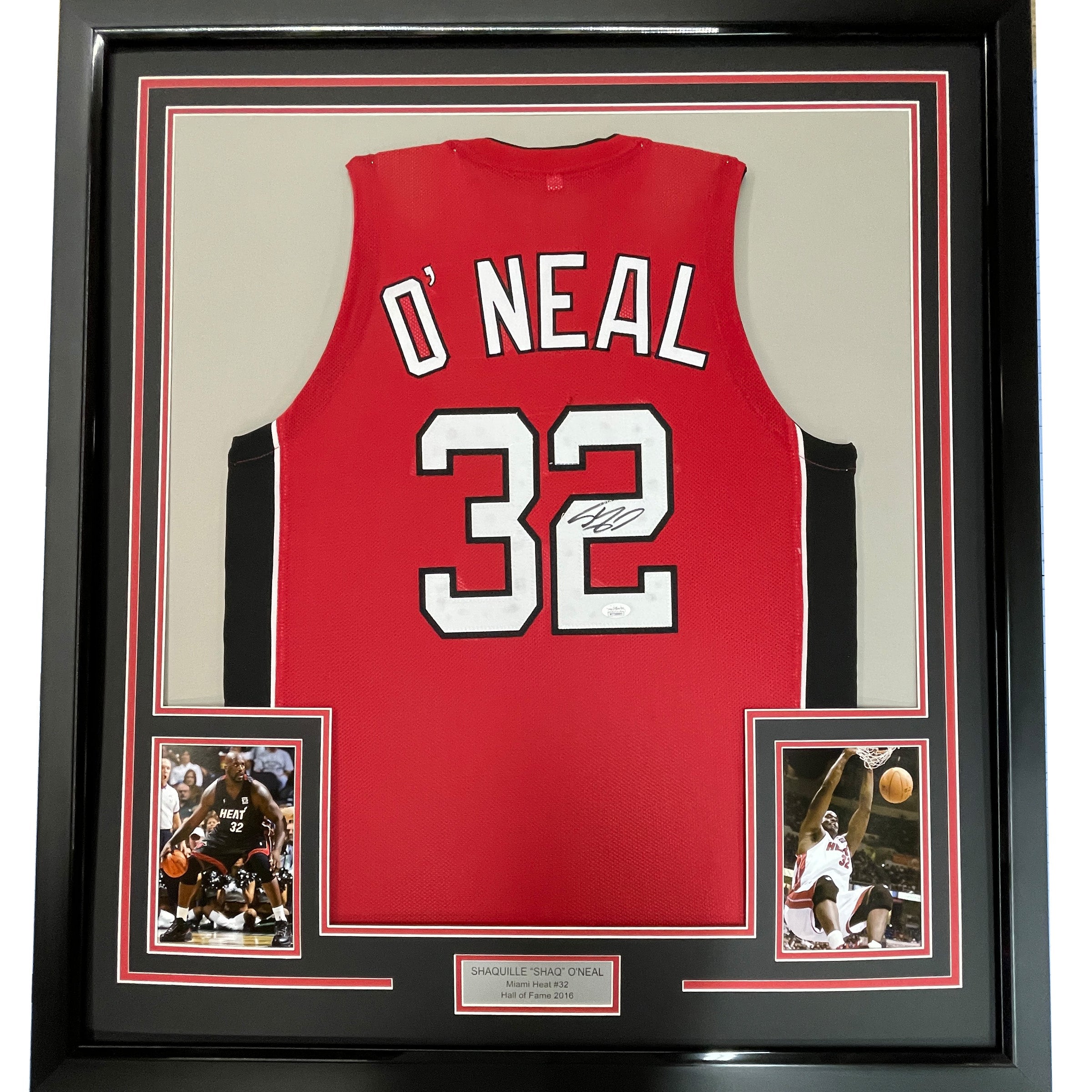 Framed Autographed/Signed Shaquille Shaq O&amp;#39;Neal 35x39 Miami Red Basketball Jersey JSA COA