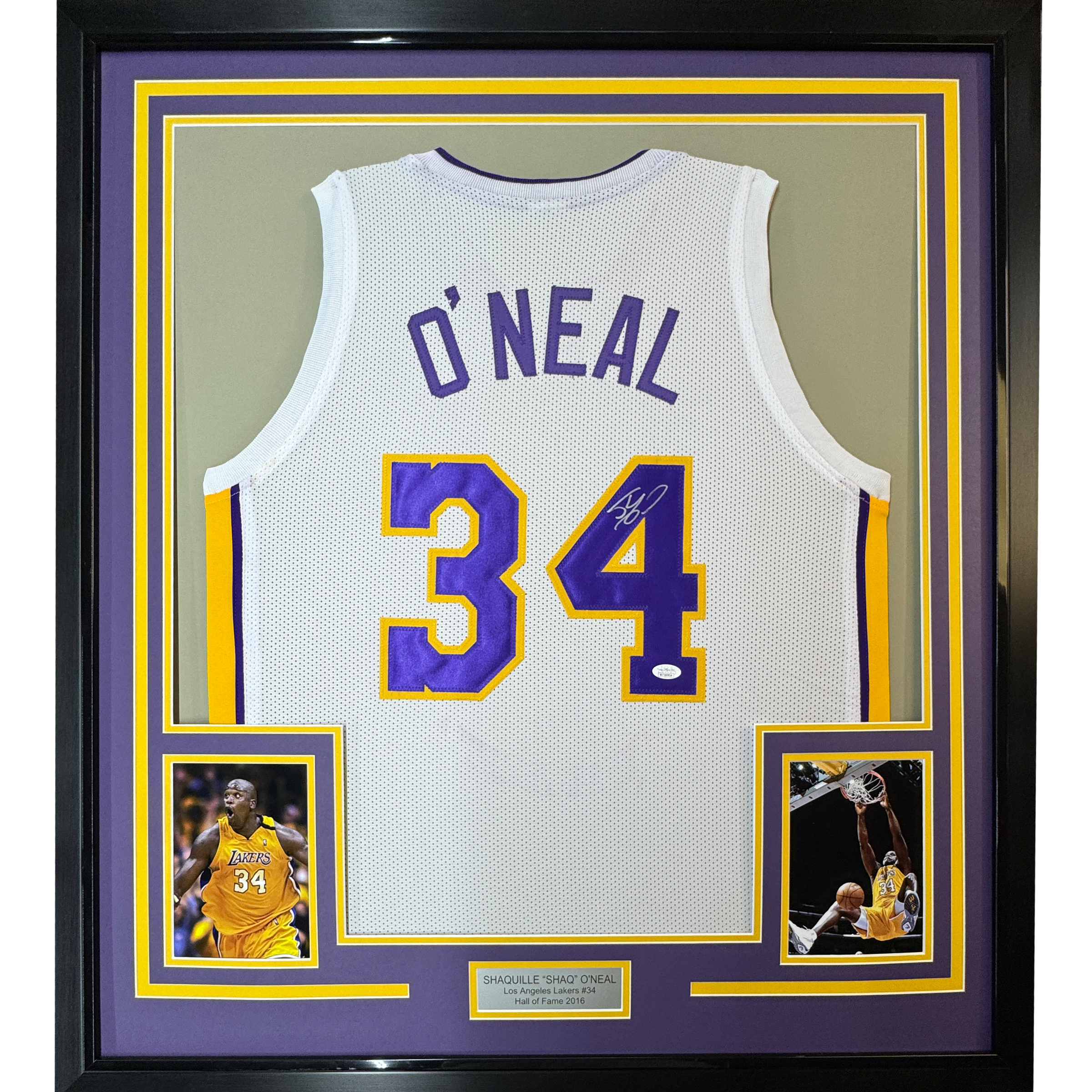 Framed Autographed/Signed Shaquille Shaq O&amp;#39;Neal 35x39 Los Angeles LA White Basketball Jersey JSA COA