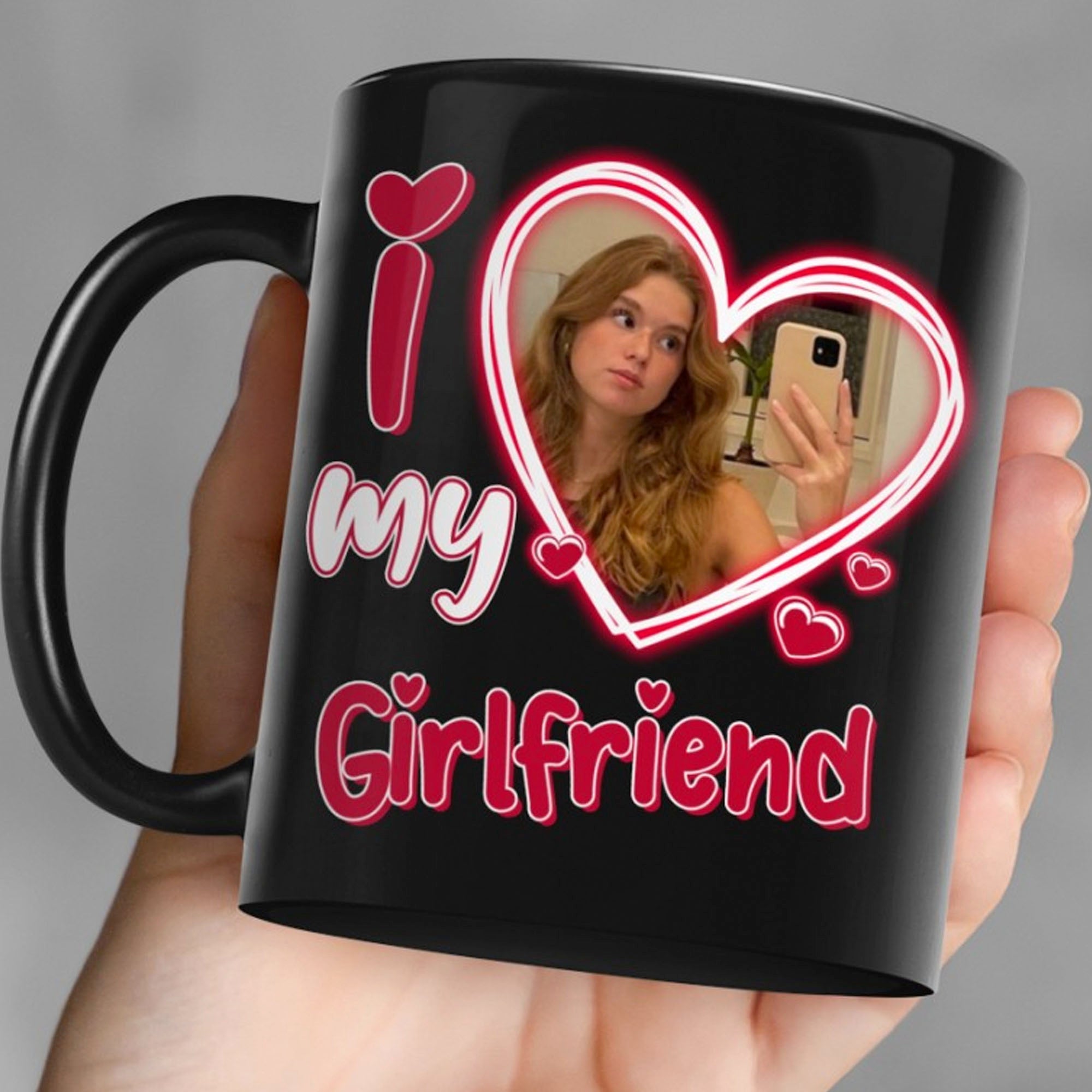 I LOVE MY GIRLFRIEND BOYFRIEND - PERSONALIZED CUSTOM PHOTO COUPLE BLACK MUG - GIFT FOR COUPLE, HUSBAND WIFE, ANNIVERSARY, ENGAGEMENT, WEDDING, VALENTINES DAY C877