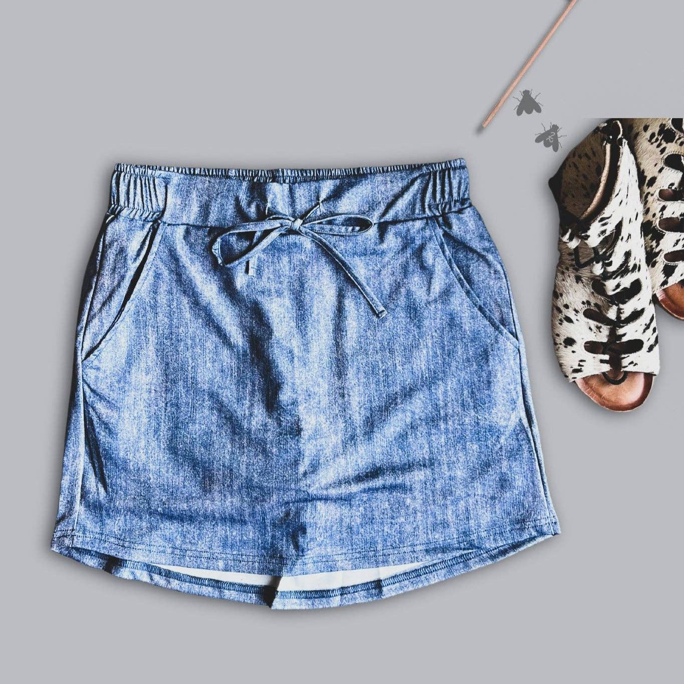 [Size M-2X] Stretch Faux Denim Athletic Style Skort