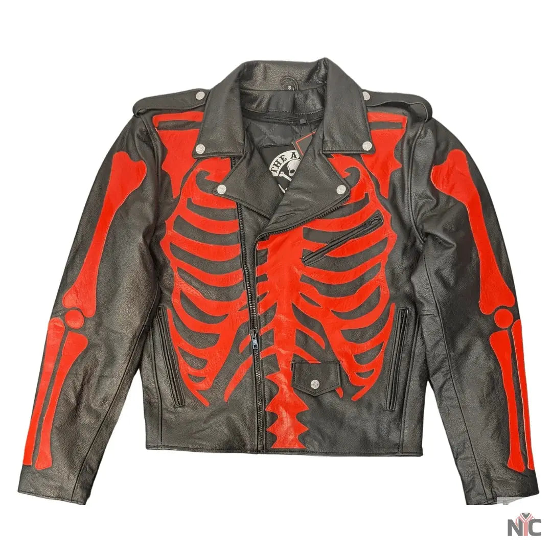 Skeleton Bones Red On Black Classic Style Leather Jacket