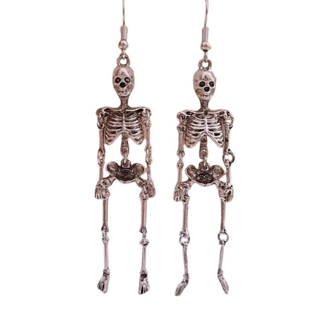 Skeleton Dangle Earrings in Silver | Anatomical Spooky Skeleton Long Halloween Earrings