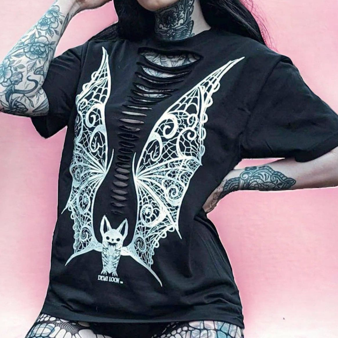 Slashed Vampire Lace Wings Boyfriend Fit Tee in Black [Size L &amp;amp; XL Remaining]