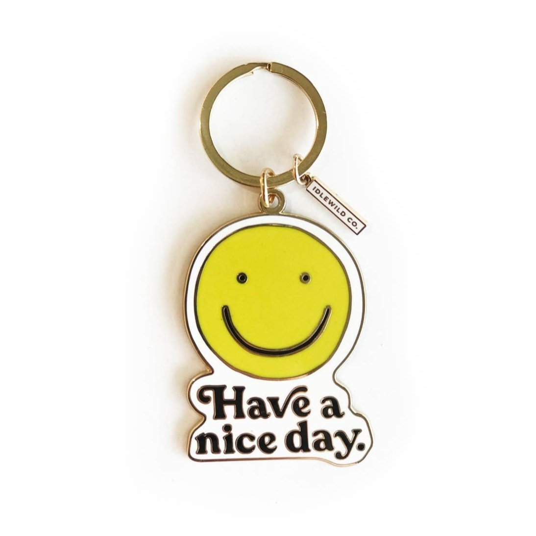 Smiley &amp;quot;Have a Nice Day&amp;quot; Brass and Enamel Keychain | Emoji Face Key Ring Holder