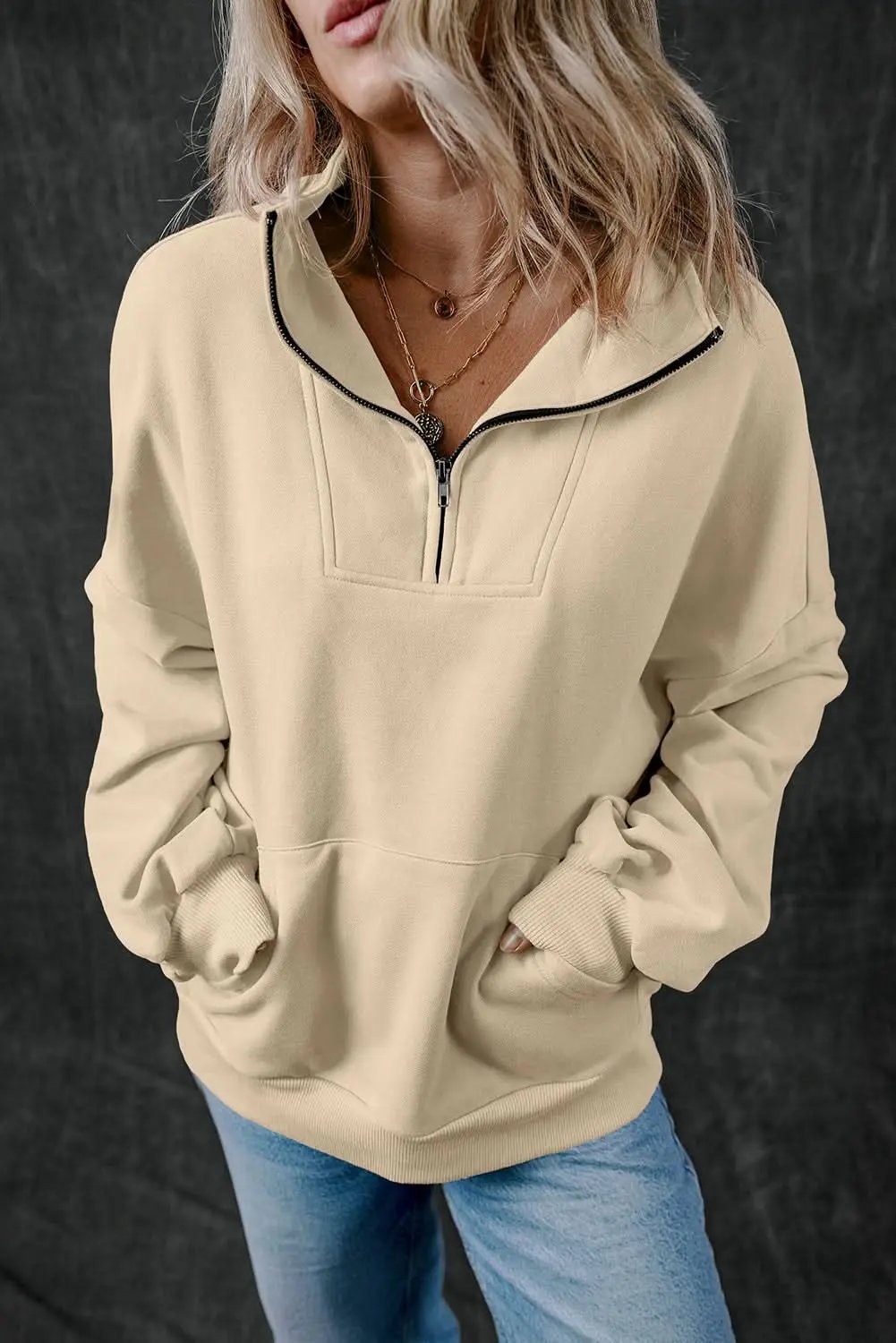 Love Salve Smoke Gray Sweatshirt Daily Wear Women&amp;#39;s Zip-Up Kangaroo Pocket Casual