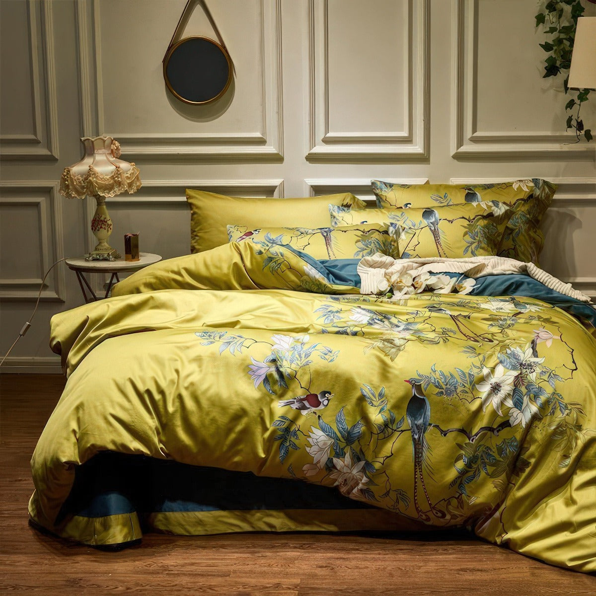 Solarosa Yellow Flower Bird Silky Egyptian Cotton Bedding Set | 3CARATS