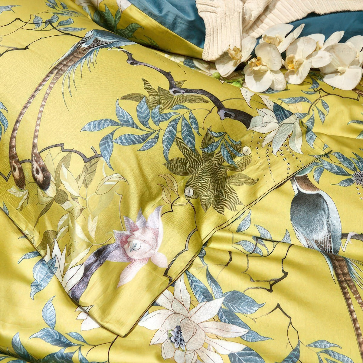Solarosa Yellow Flower Bird Silky Egyptian Cotton Bedding Set | 3CARATS