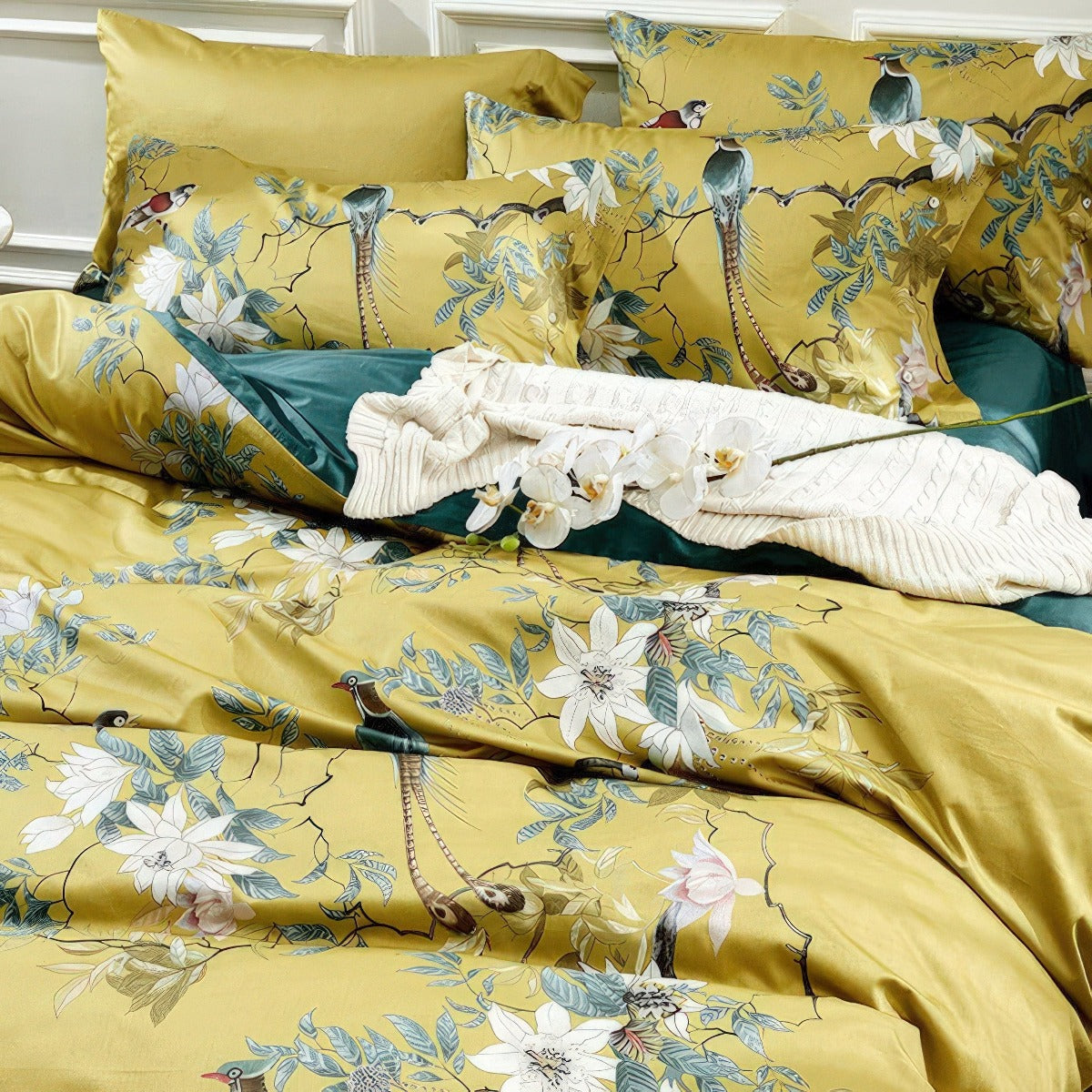 Solarosa Yellow Flower Bird Silky Egyptian Cotton Bedding Set | 3CARATS