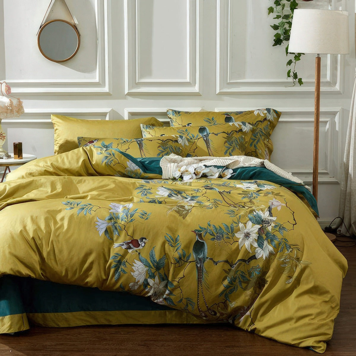 Solarosa Yellow Flower Bird Silky Egyptian Cotton Bedding Set | 3CARATS