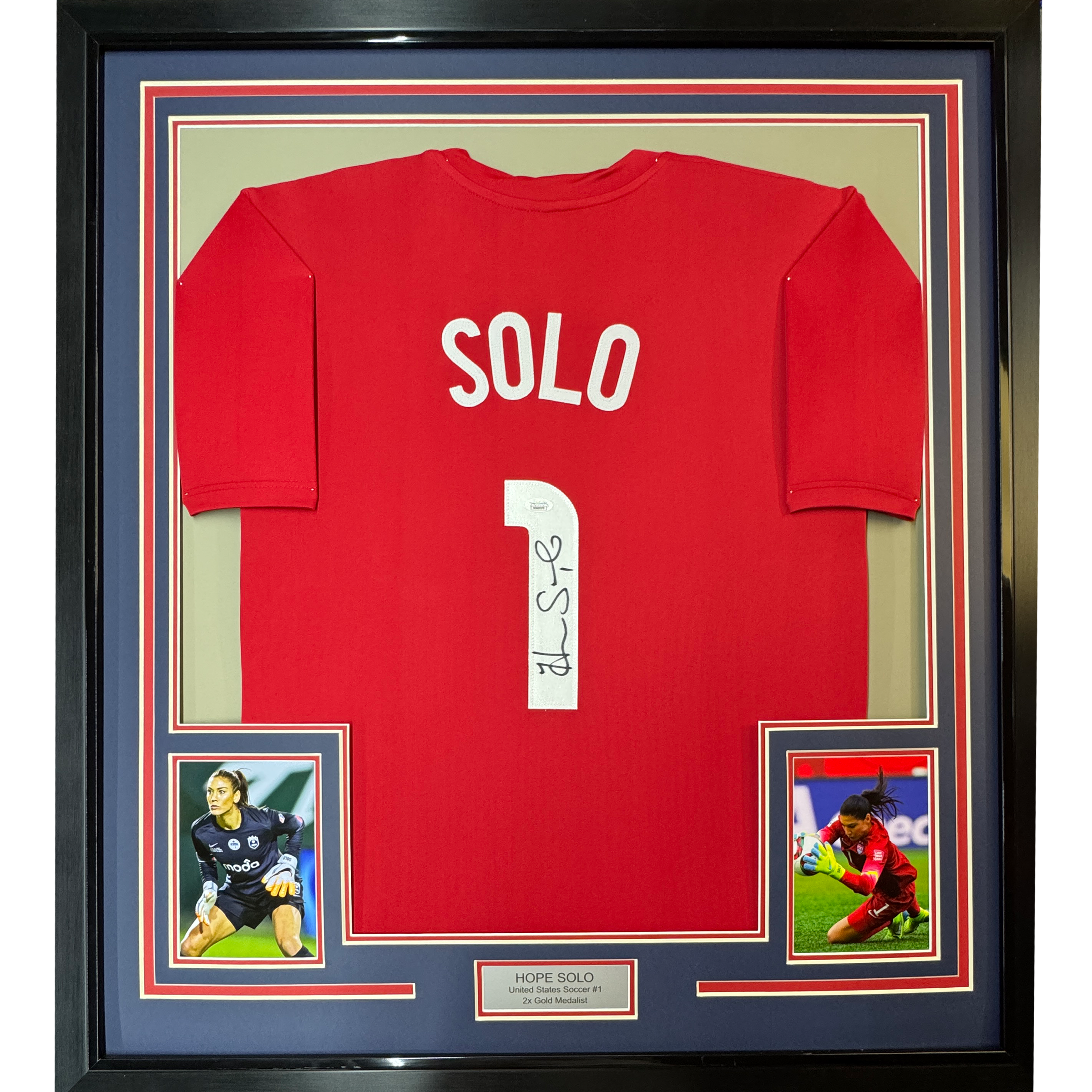 Framed Autographed/Signed Hope Solo 35x39 Red Soccer Team USA World Cup Jersey JSA COA