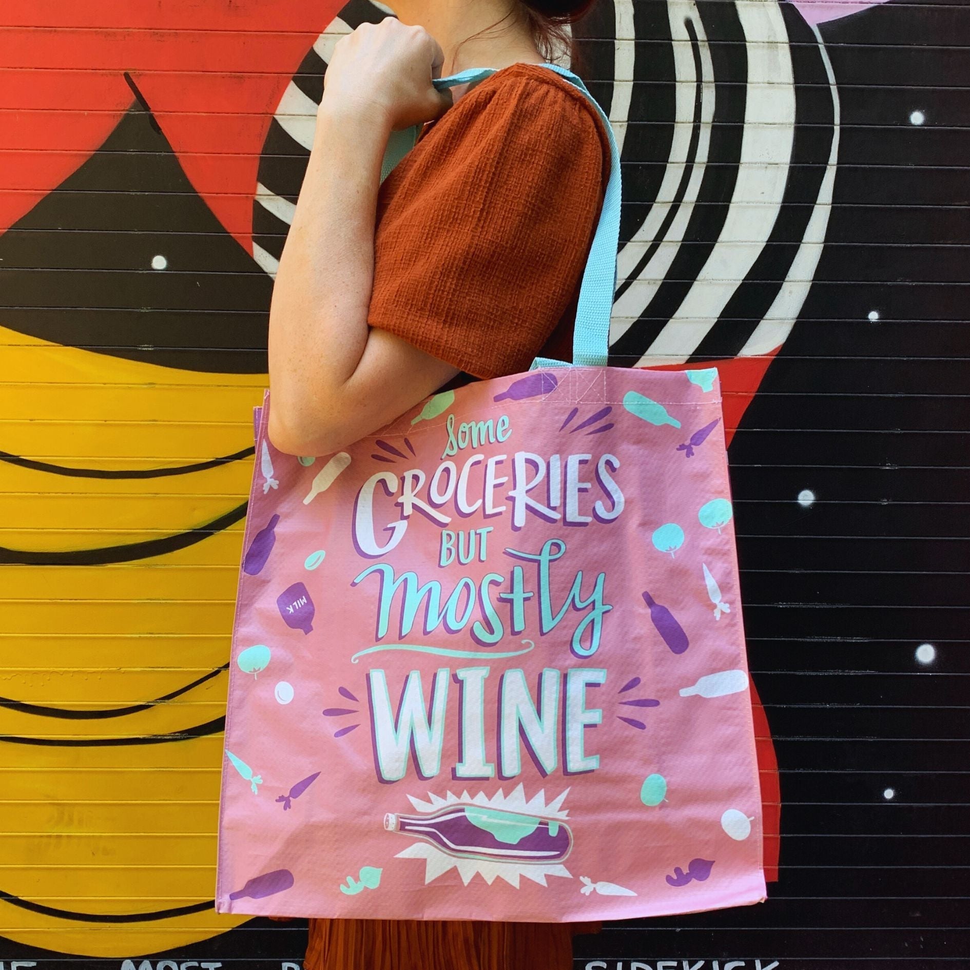 Some Groceries But Mostly Wine Large Market Tote Bag in Pink and Blue | 15.50&amp;quot; x 15.25&amp;quot; x 6&amp;quot;