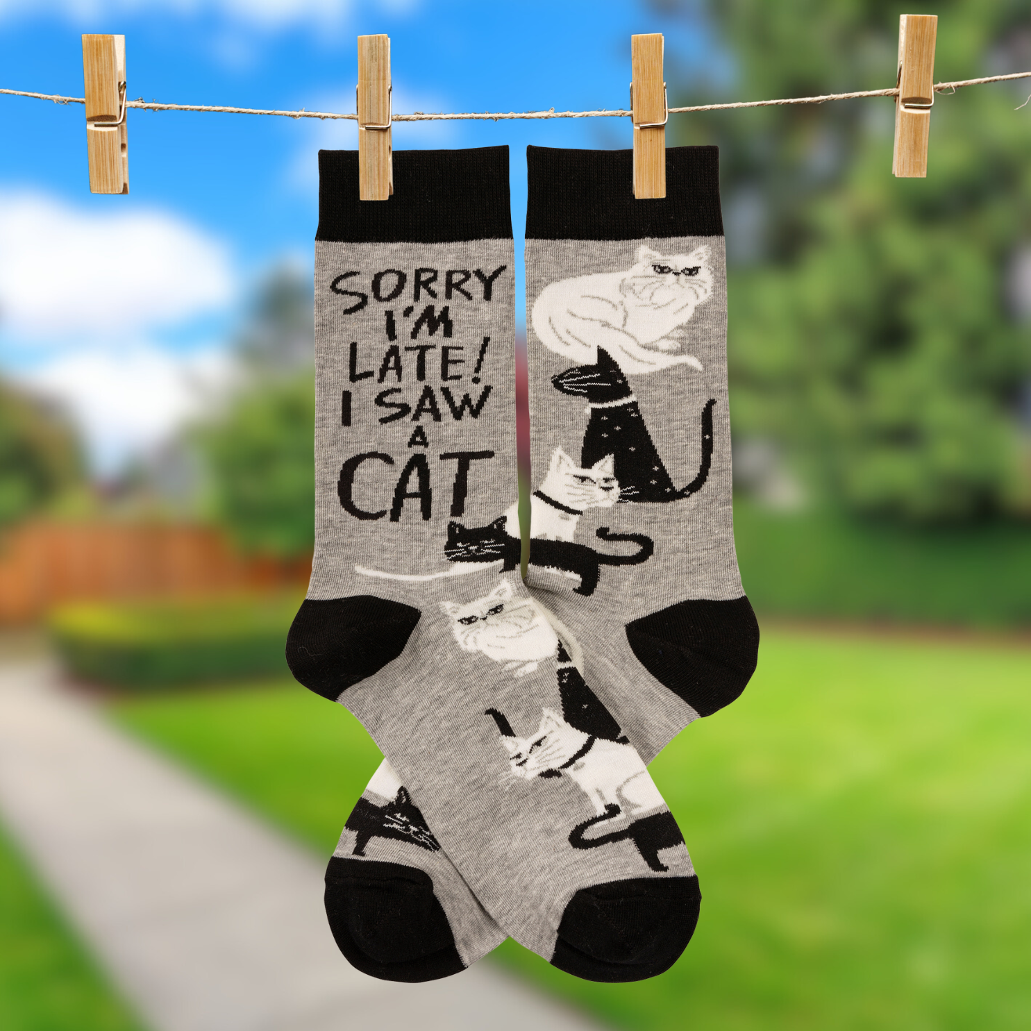 Sorry I&amp;#39;m Late I Saw A Cat Woven Socks | Black &amp;amp; White Cats Designs Novelty Socks