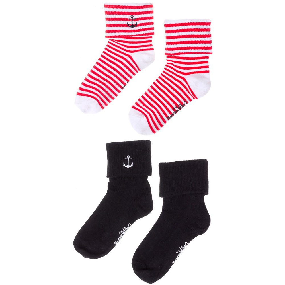 Sourpuss Anchor Socks Set of Two | Nautical Red Striped &amp;amp; Black Ankle Socks Women’s Size 5-10
