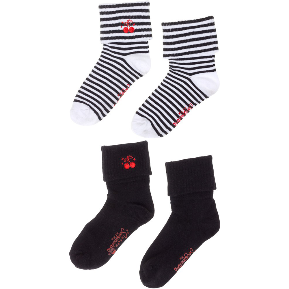 Sourpuss Cherries Socks in Set of Two | Women’s Black &amp;amp; White Striped and Solid Black Cherry Socks Size 5-10