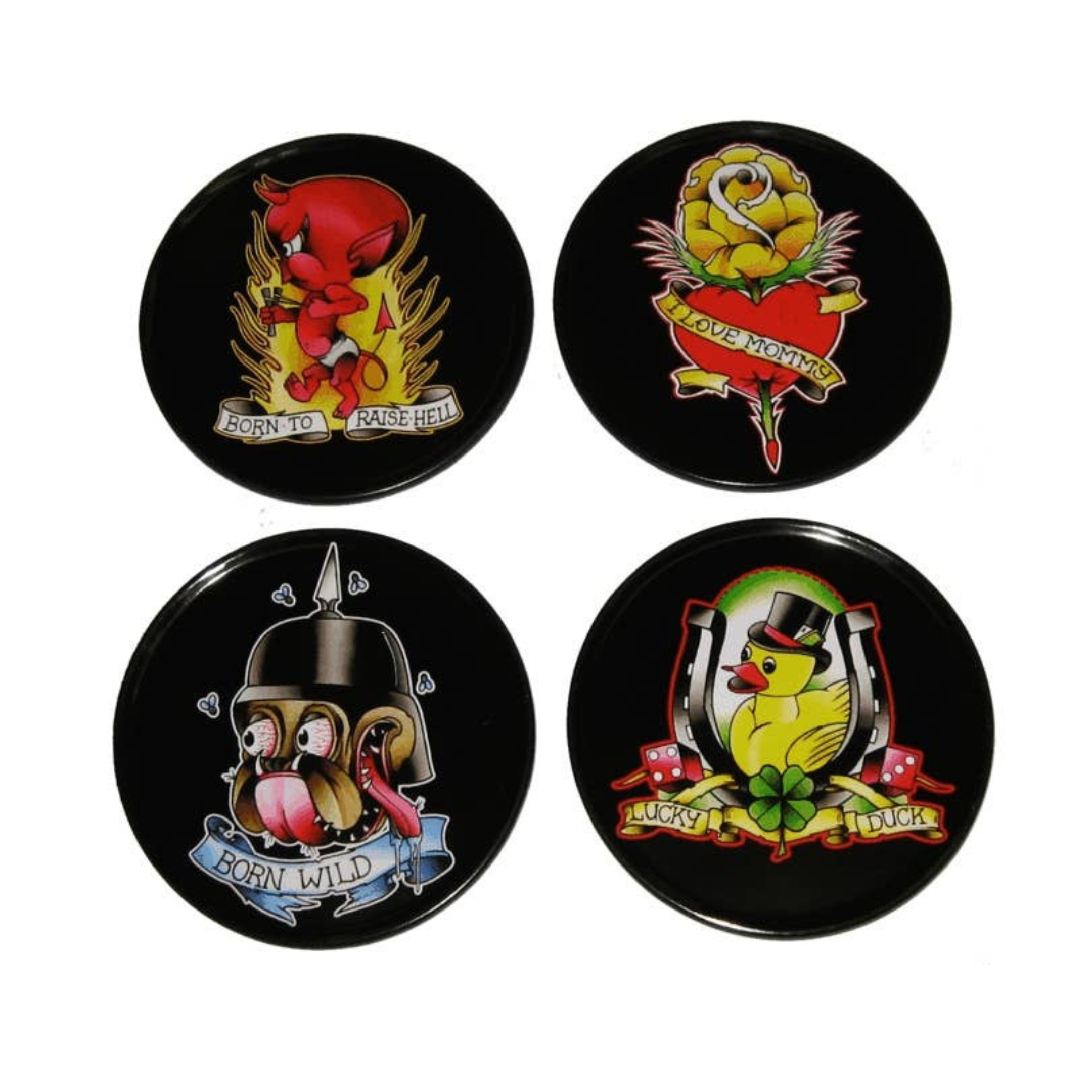 Sourpuss Coasters | Tattoo Flash Cartoon Set of Four | Metal &amp;amp; Cork Retro Round Drinkware with Tin