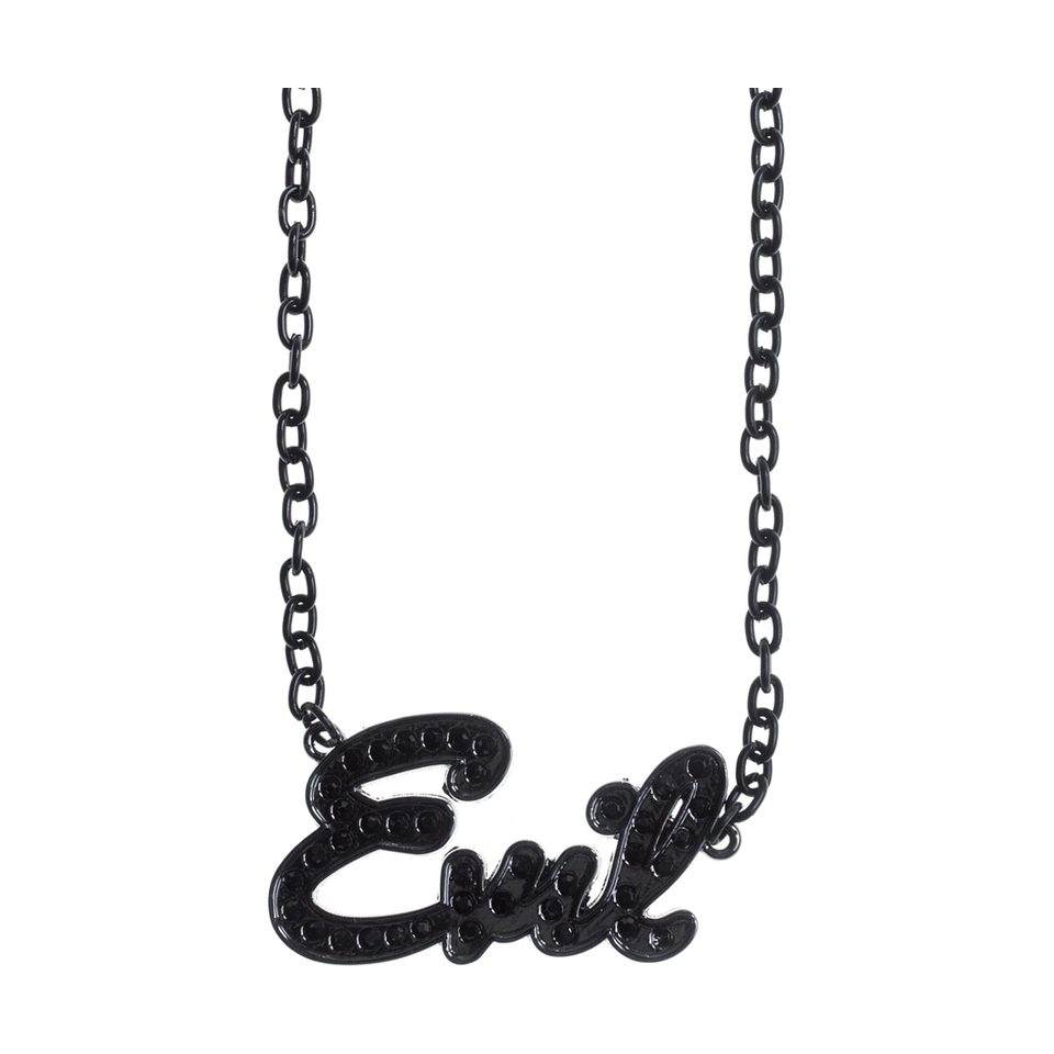 Sourpuss “Evil” Pendant Necklace with Black Rhinestones Gothic Statement Jewelry