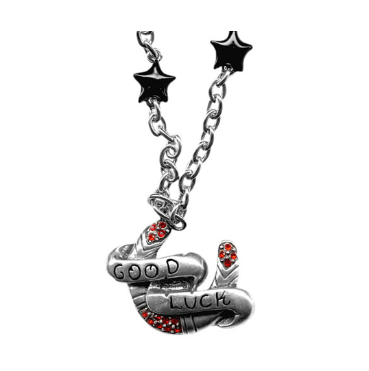 Sourpuss &amp;quot;Good Luck” Horseshoe Necklace with Red Rhinestones &amp;amp; Black Star Charms