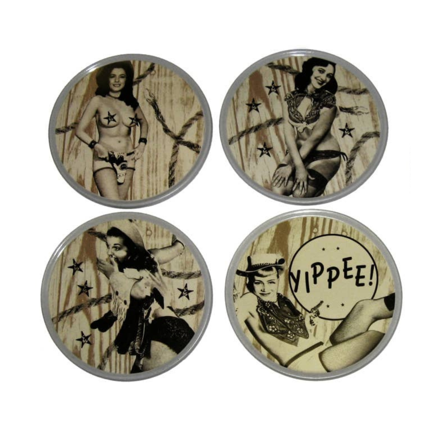 Sourpuss Nudie Coasters | Western Pin-Up Girls Set of Four | Metal &amp;amp; Cork Retro Round Drinkware with Tin