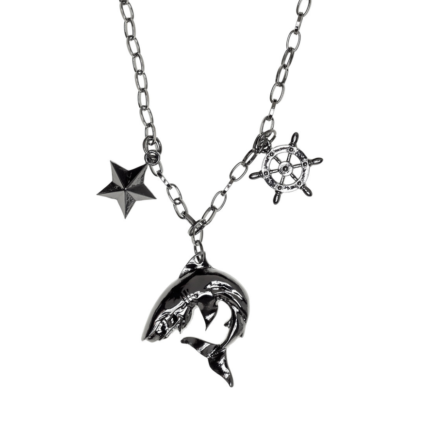 Sourpuss Shark Charm Necklace | Nautical Star &amp;amp; Captain’s Wheel Tattoo-Inspired Jewelry