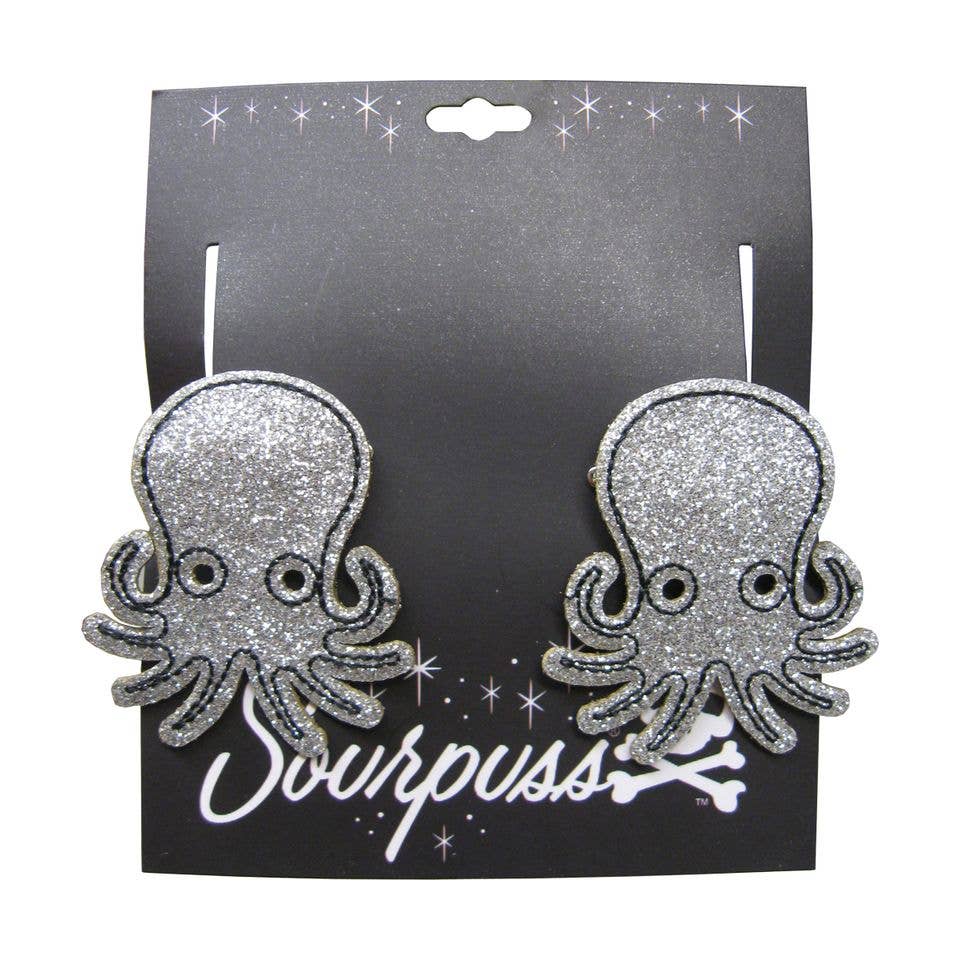Sourpuss Silver Glitter Octopus Hair Clips Set of 2 | Nautical Rockabilly Hair Accessories