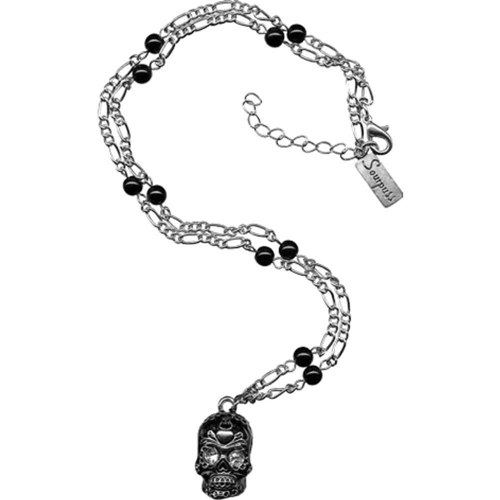 Sourpuss Silver Skull Pendant Necklace | Sugar Skull with Rhinestone Eyes – Clear &amp;amp; Purple Options