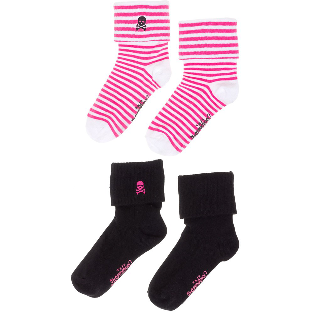 Sourpuss Skull Socks in Set of Two | Pink White Striped &amp;amp; Black Cuffed Novelty Socks Women Size 5-10