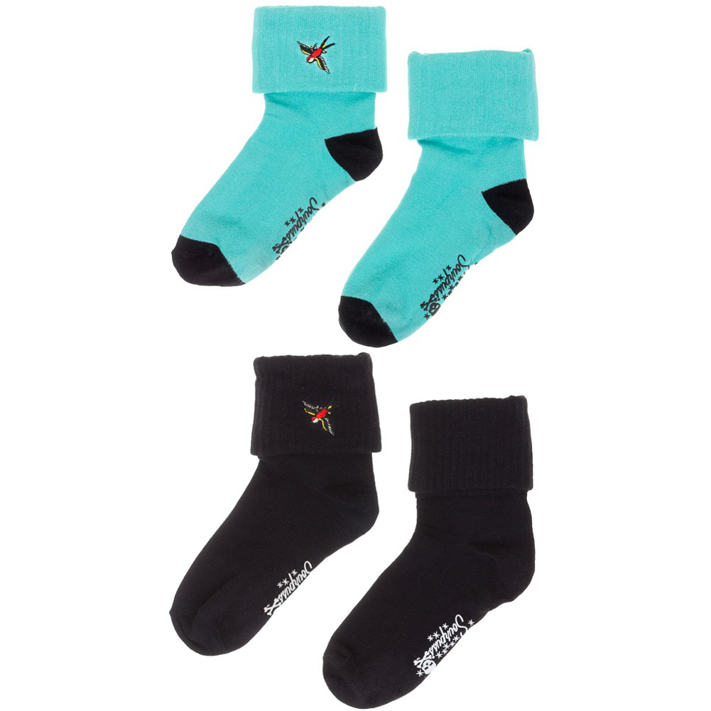 Sourpuss Sparrow Socks in Set of Two | Teal &amp;amp; Black Cuffed Novelty Socks Women Size 5-10