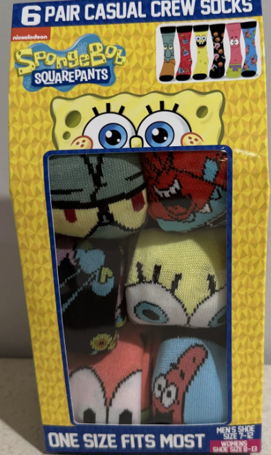 SPONGEBOB Squarpants Casual Crew Socks 6 Pair Unisex Men 7-12 Women 8-13