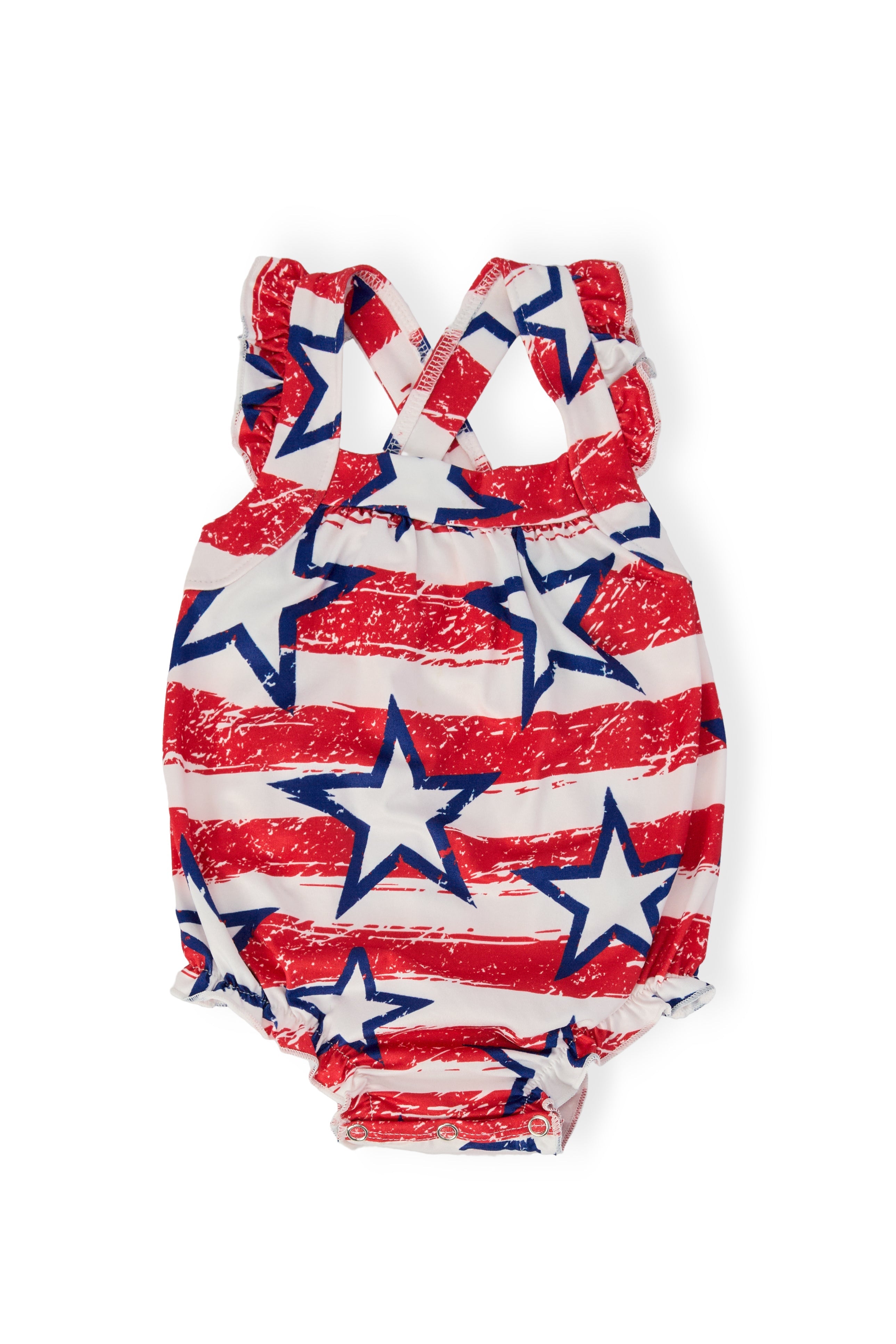 Stars &amp;amp; Stripes Ruffle Cross Back Romper