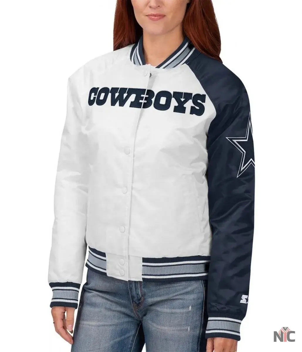 Starter Dallas Cowboys Endzone White and Blue Satin Jacket