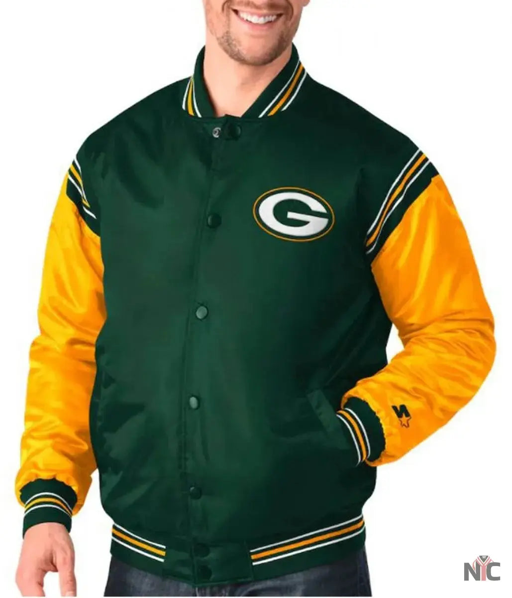 Starter Green Bay Packers Yellow and Green Satin Jacket