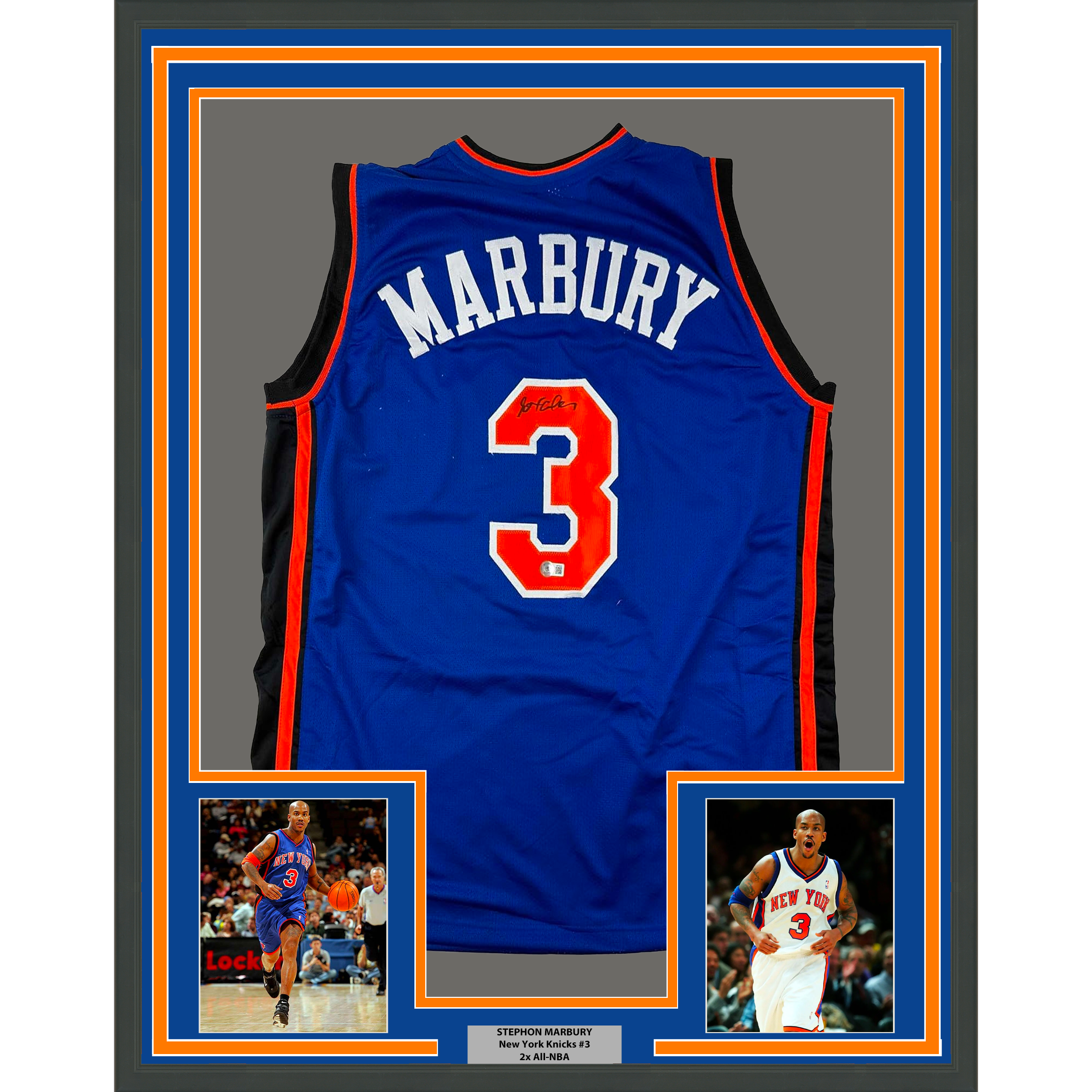 Framed Autographed/Signed Stephon Marbury 35x39 New York Blue Basketball Jersey Beckett BAS COA