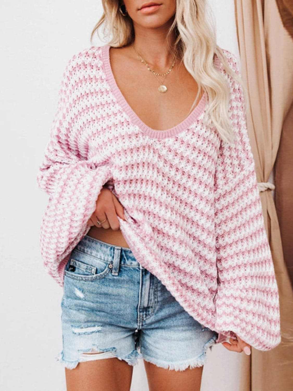 Striped V-Neck Drop Shoulder Sweater