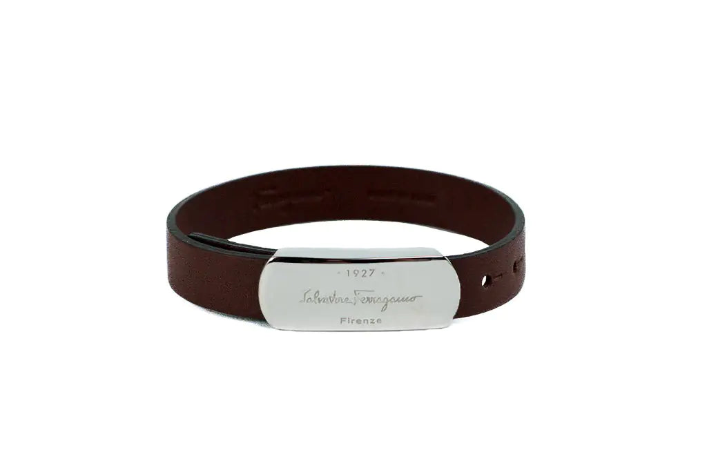 (.06) Style Loft Collection x Salvatore Ferragamo Brown Leather Silver Toned 1927 Logo Bracelet