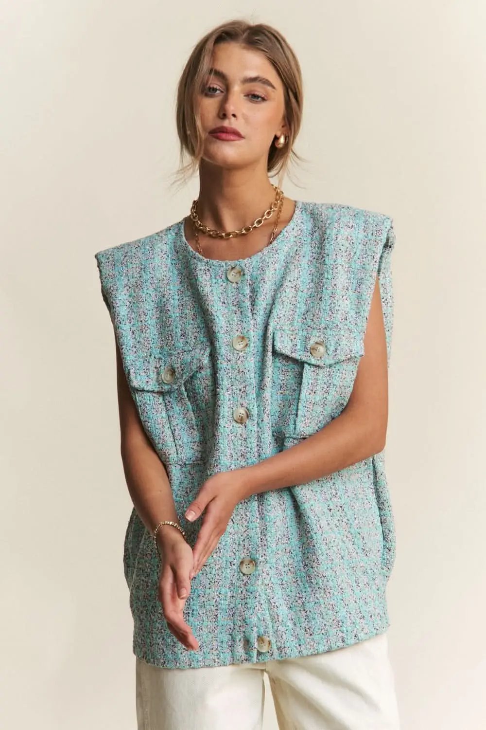 Trendsi Tweed Vest Women&amp;#39;s Layering Fashion Padded Shoulder Sleeveless Top