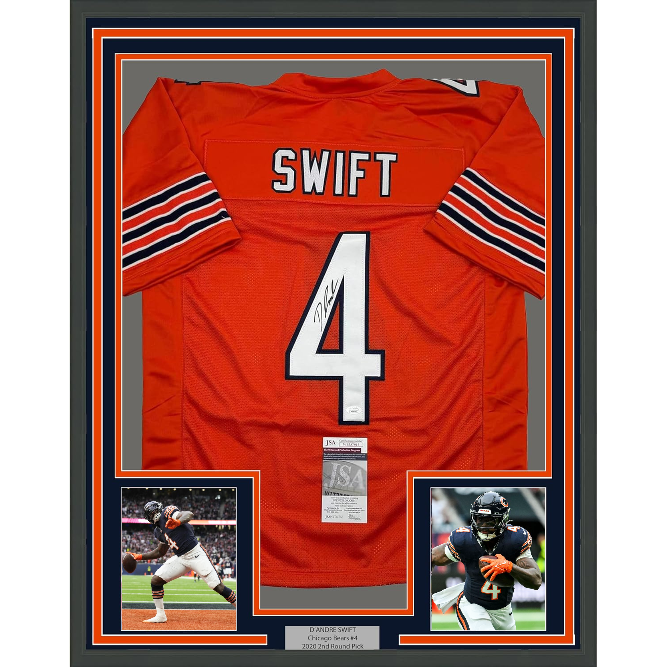 Framed Autographed/Signed D&amp;#39;Andre Swift 35x39 Chicago Orange Football Jersey JSA COA
