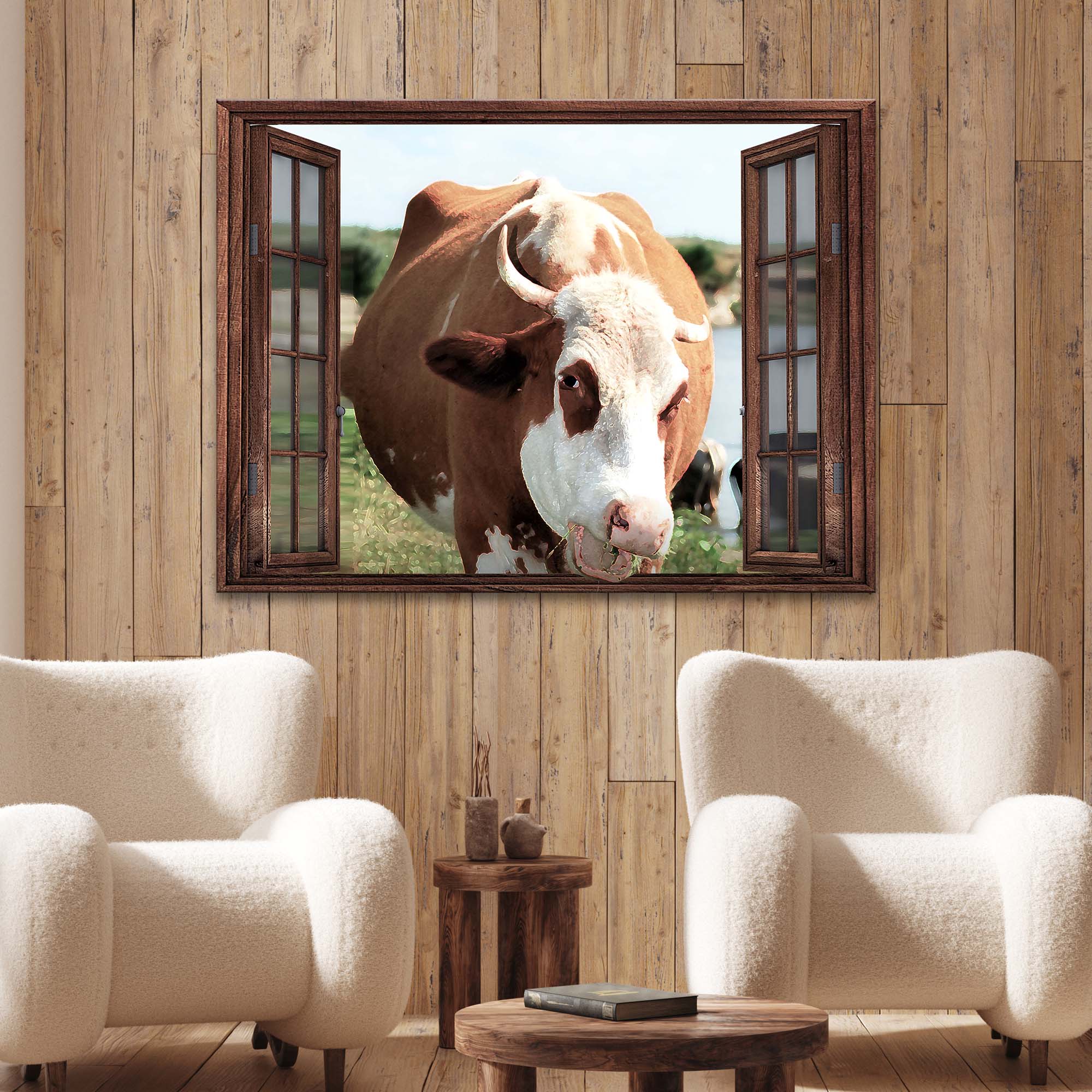 CATTLE ON WINDOW CANVAS WALL ART