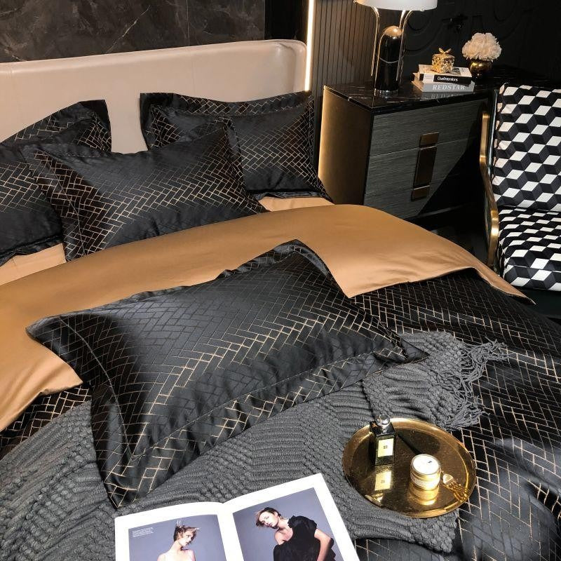 Talia Black Gold Cotton Satin Bedding Set | 3CARATS