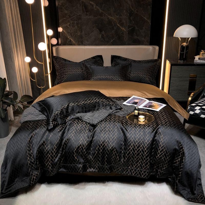 Talia Black Gold Cotton Satin Bedding Set | 3CARATS